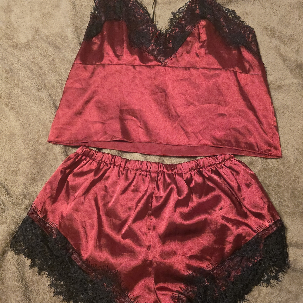 Elegant Red and Black Lace Trim Sleepwear Set